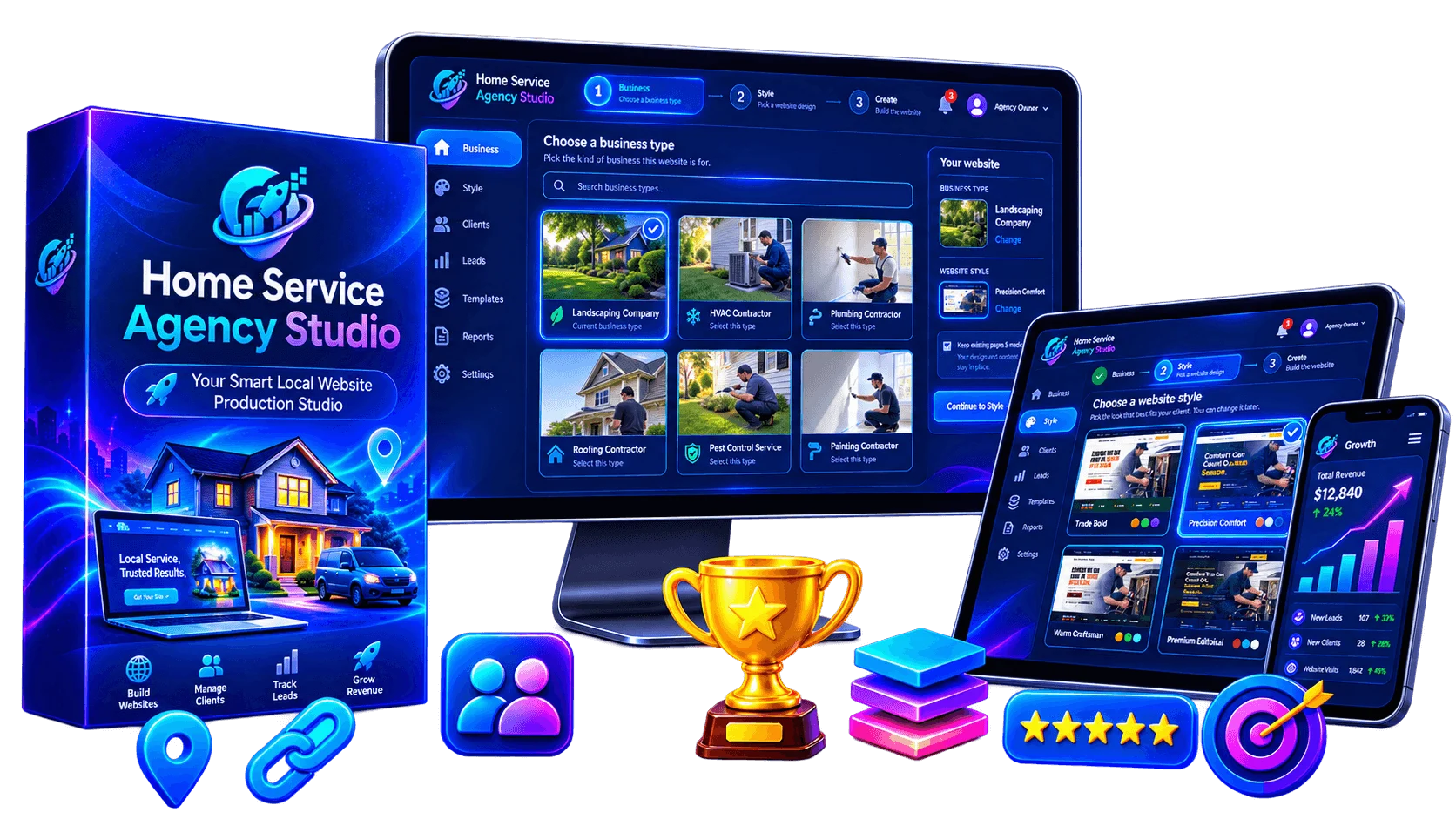 Home Service Agency Studio review showing website templates for plumbers, roofers, electricians, and landscapers.