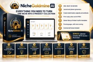 NICHEGOLDMINE AI review showing an AI-assisted digital product creation platform for journals, planners, trackers, and printable PDFs.