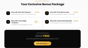 RP-AI Vol.2 bonuses screenshot showing advertised bonus offers for the AI book creation and publishing software.